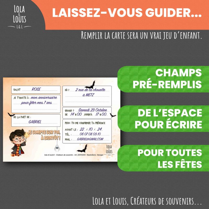 Invitation enfant sorcier magie – 8 cartes et enveloppes – Lola & Louis - Verso