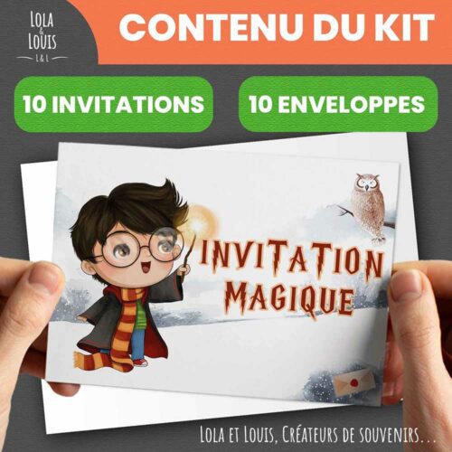 Invitation enfant sorcier magie – 10 cartes et enveloppes – Lola & Louis
