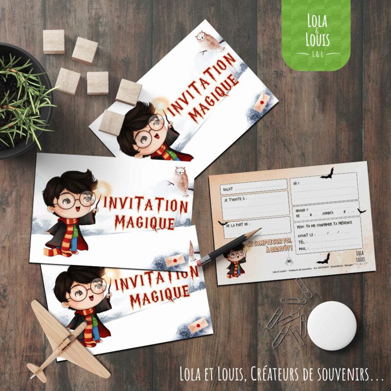 Invitation enfant sorcier magie – 8 cartes et enveloppes – Lola & Louis