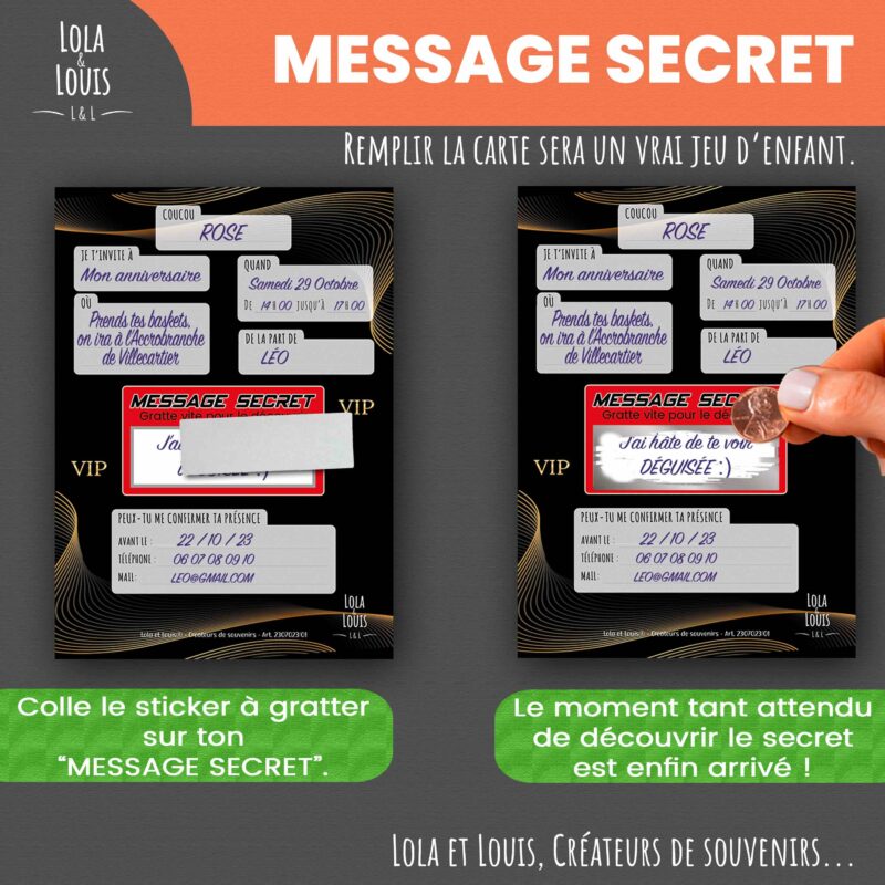 Carte invitation VIP à gratter – Lola & Louis - Message secret à gratter