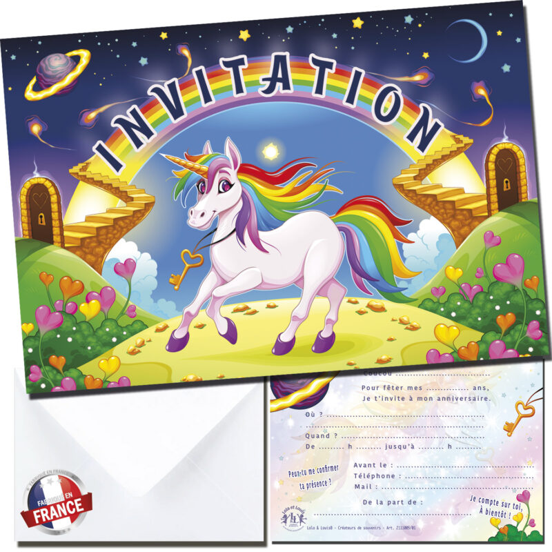 Carte invitation licorne fille La Licorne Céleste – 8 cartes et enveloppes – Lola & Louis