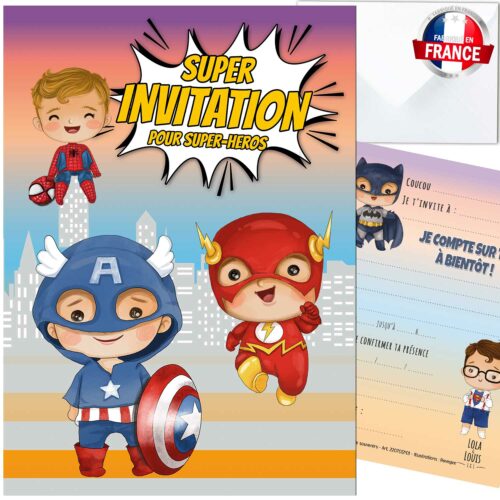 invitation garçon super héros – 8 cartes et enveloppes – Lola & Louis
