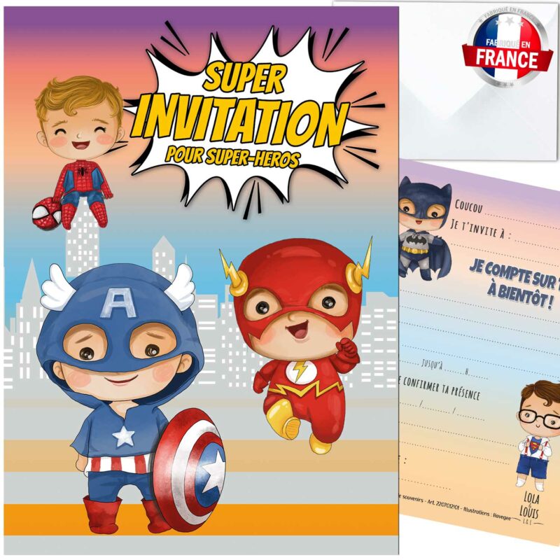 invitation garçon super héros – 8 cartes et enveloppes – Lola & Louis