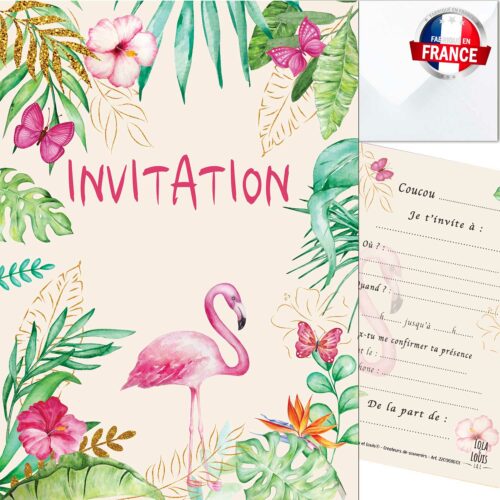 Carte invitation fille tropicale – 8 cartes et enveloppes – Lola & Louis