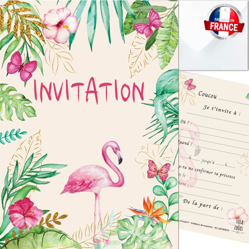 Carte invitation fille tropicale – 8 cartes et enveloppes – Lola & Louis