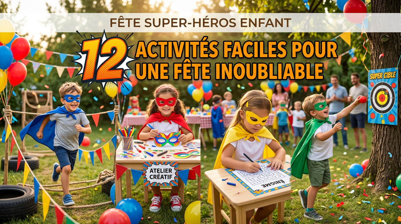 Enfants déguisés en super-héros qui font différentes activités lors d'un anniversaire : parcours d'obstacles, atelier créatif, jeux et énigmes.