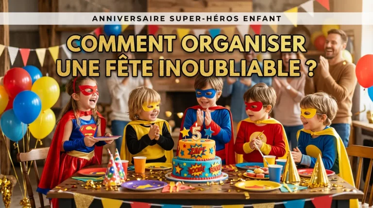Enfants déguisés en super-héros qui font 8 activités différentes lors d'un anniversaire : photobooth, memory, course de sacs, dessin et remise de médailles.
