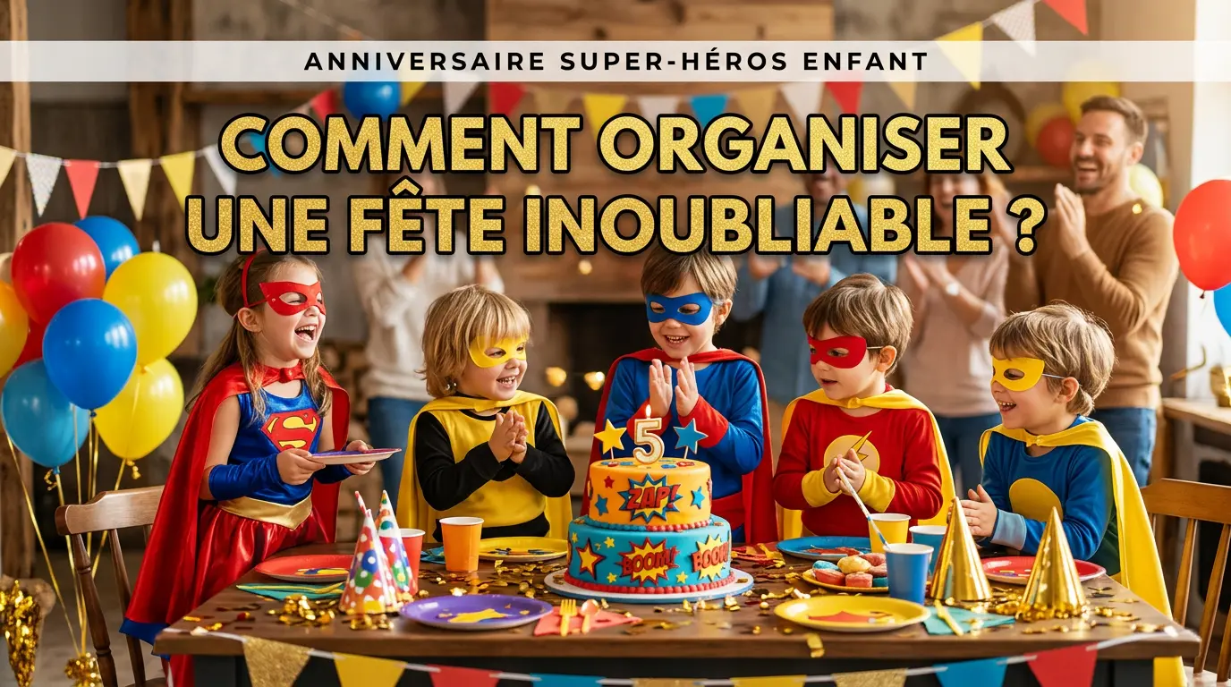 Enfants déguisés en super-héros qui font 8 activités différentes lors d'un anniversaire : photobooth, memory, course de sacs, dessin et remise de médailles.