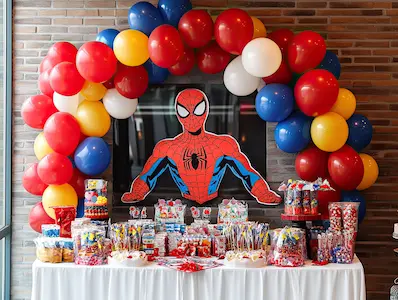 décoration anniversaire super-héros avec arche de ballons rouges bleus jaunes et table candy bar