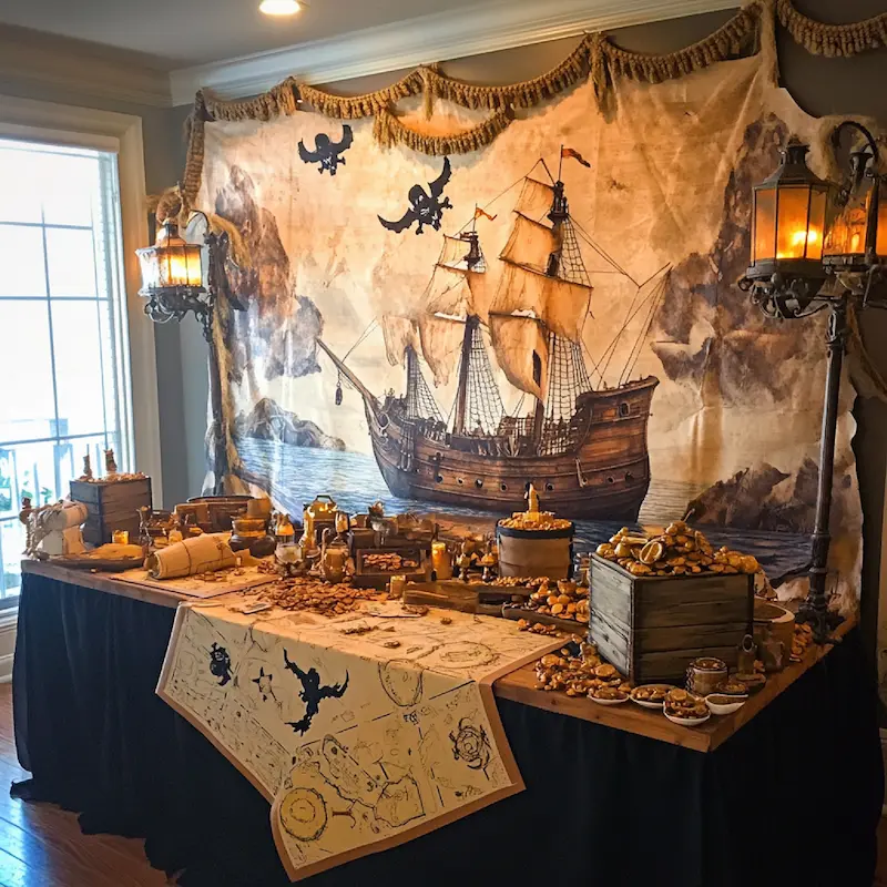 décoration anniversaire pirate enfant avec ballons noirs et dorés, drapeau jolly roger