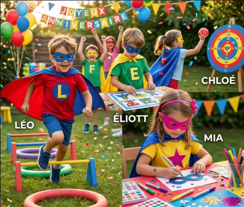 enfants déguisés en super-héros qui jouent lors d'un anniversaire avec capes colorées