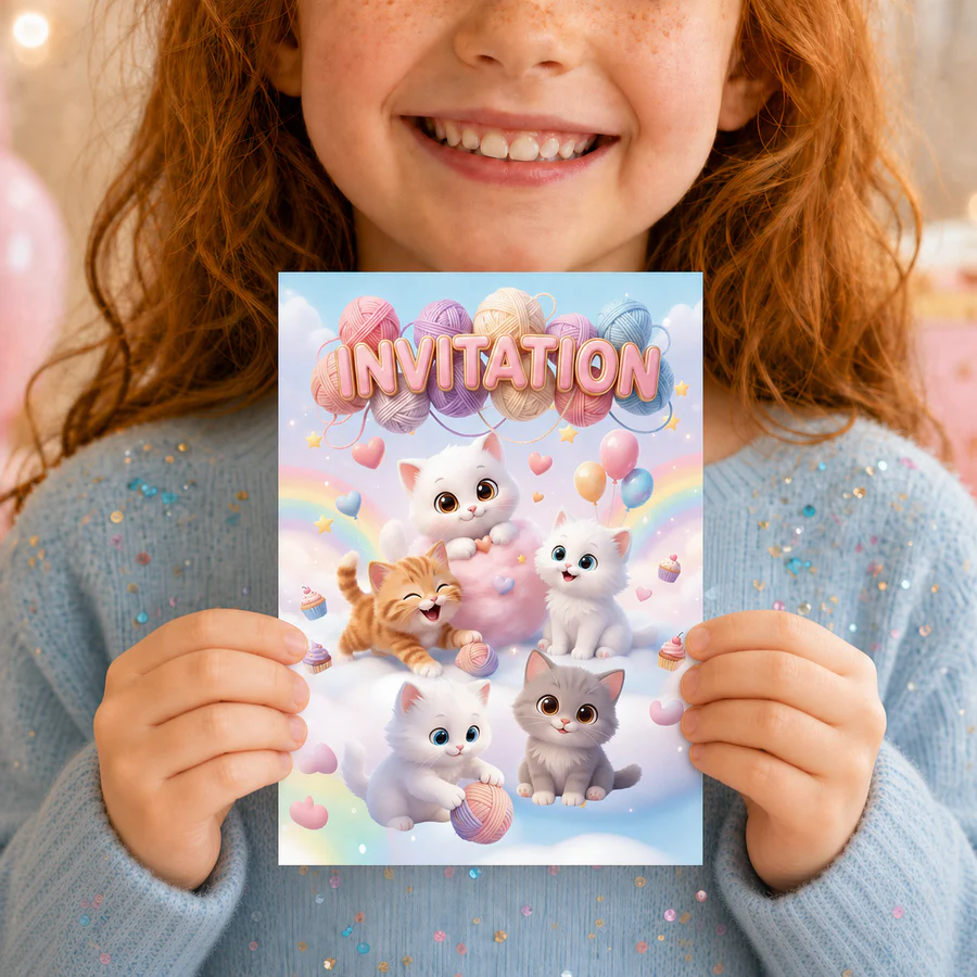 Enfant tenant une carte d’invitation Chats à gratter au format A6 – Lola et Louis