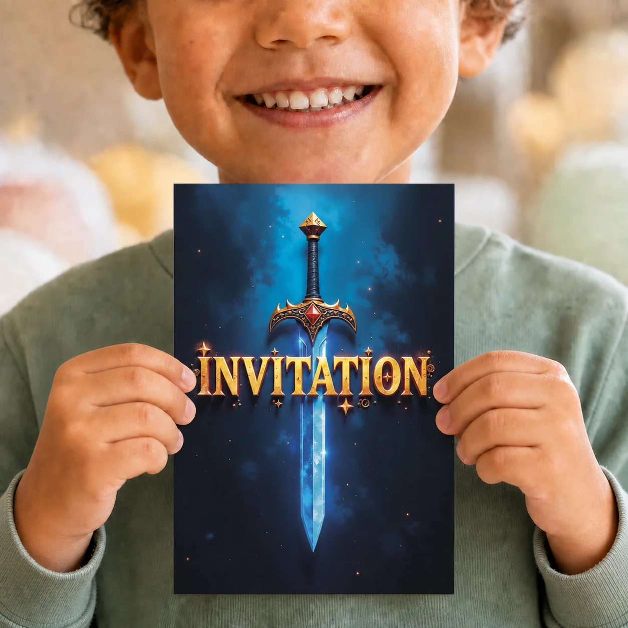 Garçon présentant une carte d’invitation chevalier au format A6 – Lola et Louis