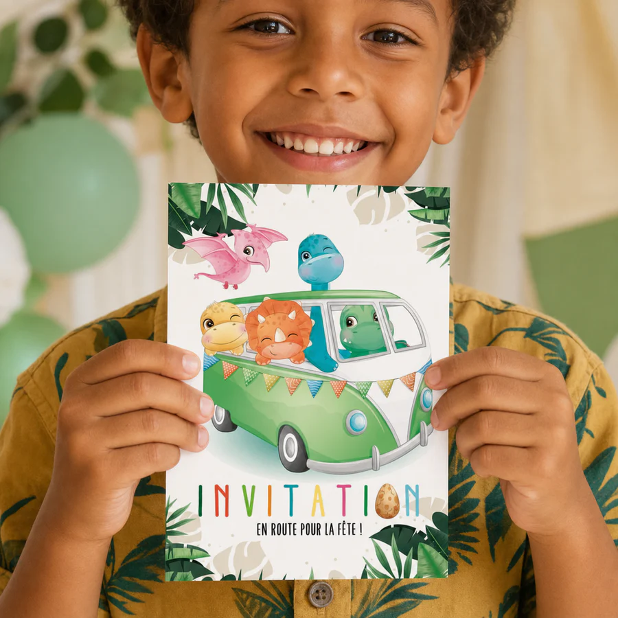 Garçon tenant une carte d’invitation Dinosaure Combi au format A6 – Lola et Louis