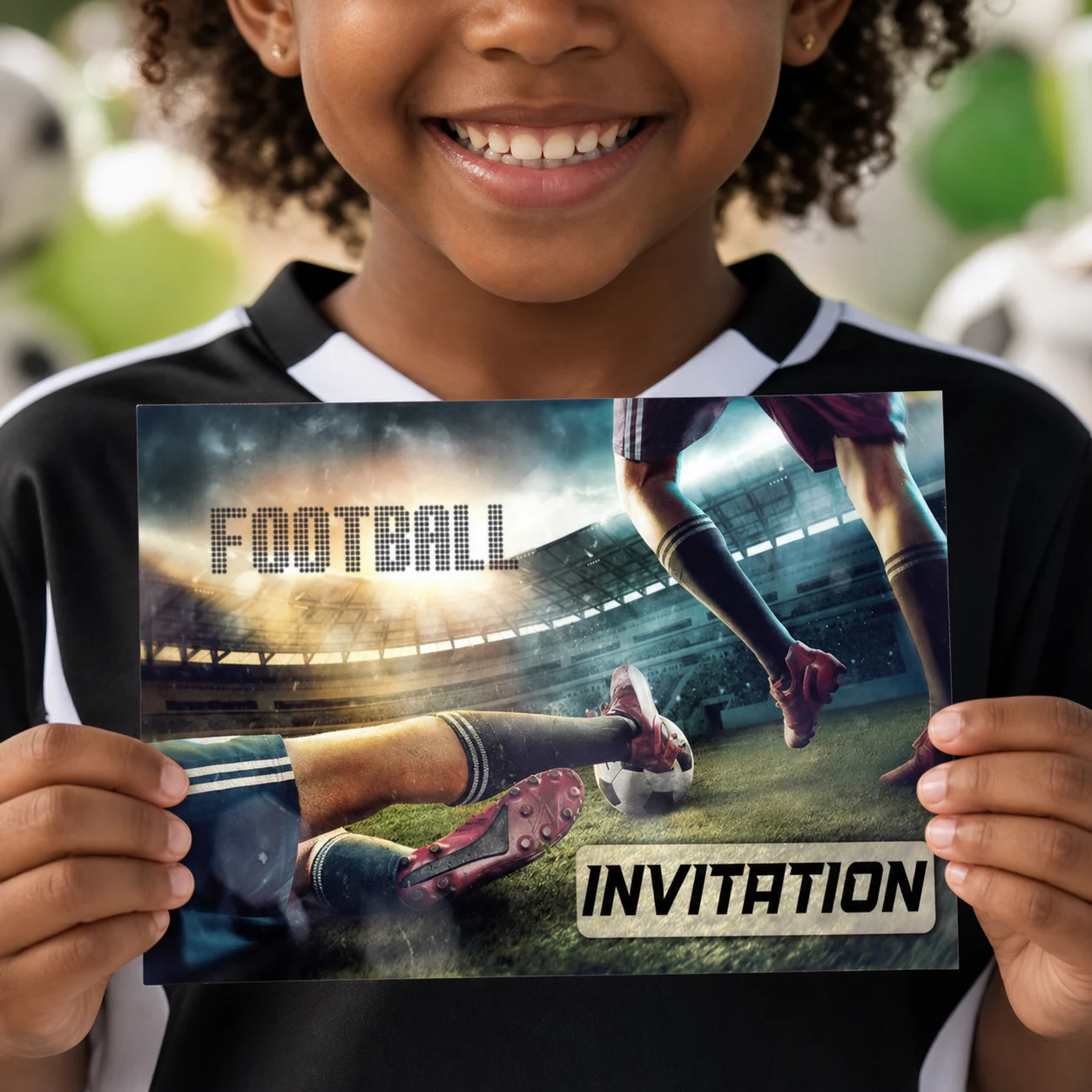Petite fille en tenue de foot tenant une carte d’invitation football au format A6 – Lola et Louis