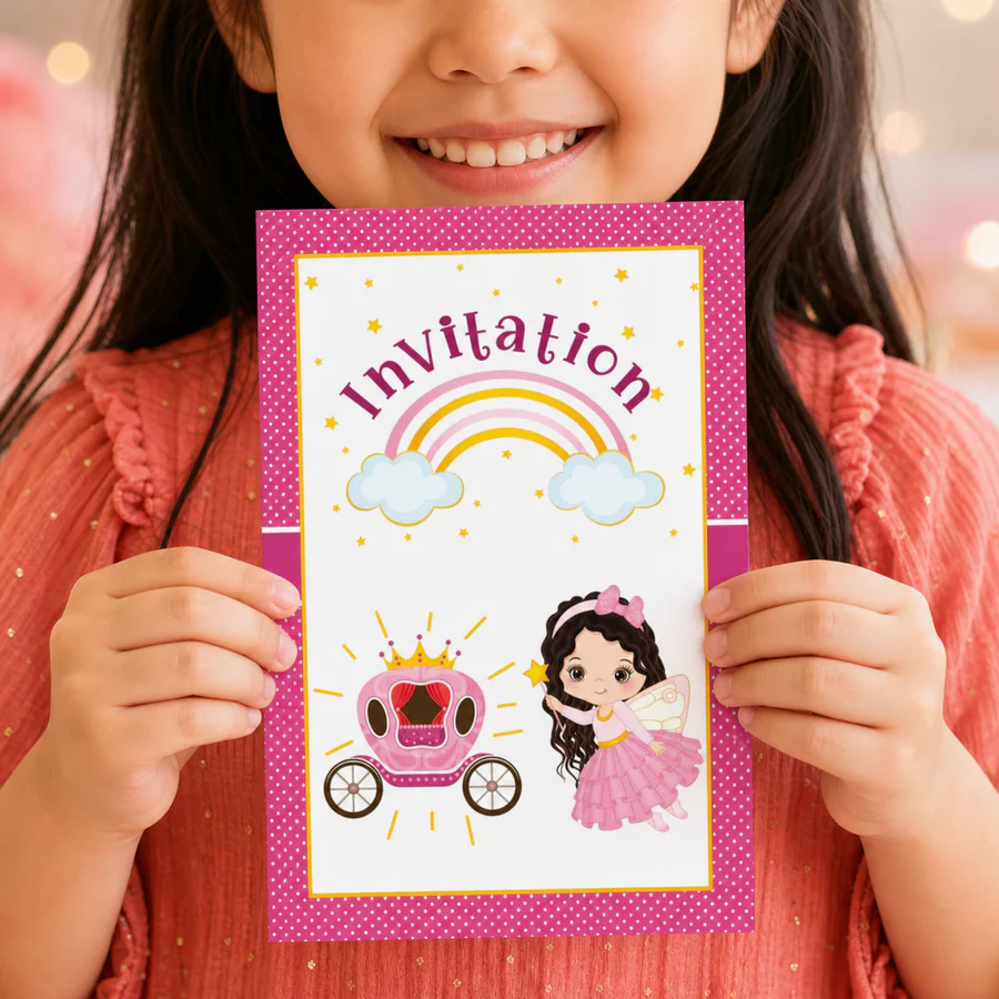Enfant tenant une carte d’invitation anniversaire Princesse au format A6 – Lola et Louis
