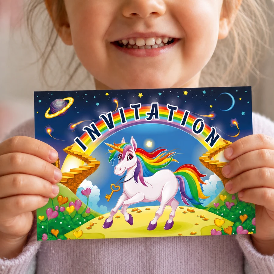 Enfant tenant une carte d’invitation Licorne Céleste au format A6 – Lola et Louis